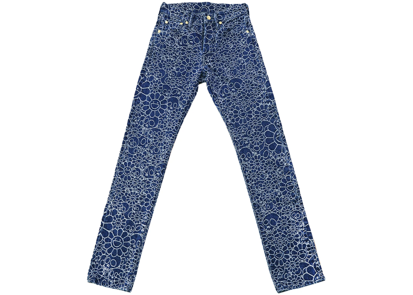 Takashi Murakami Flowers and Skulls Jacquard Denim Pants Dark Blue
