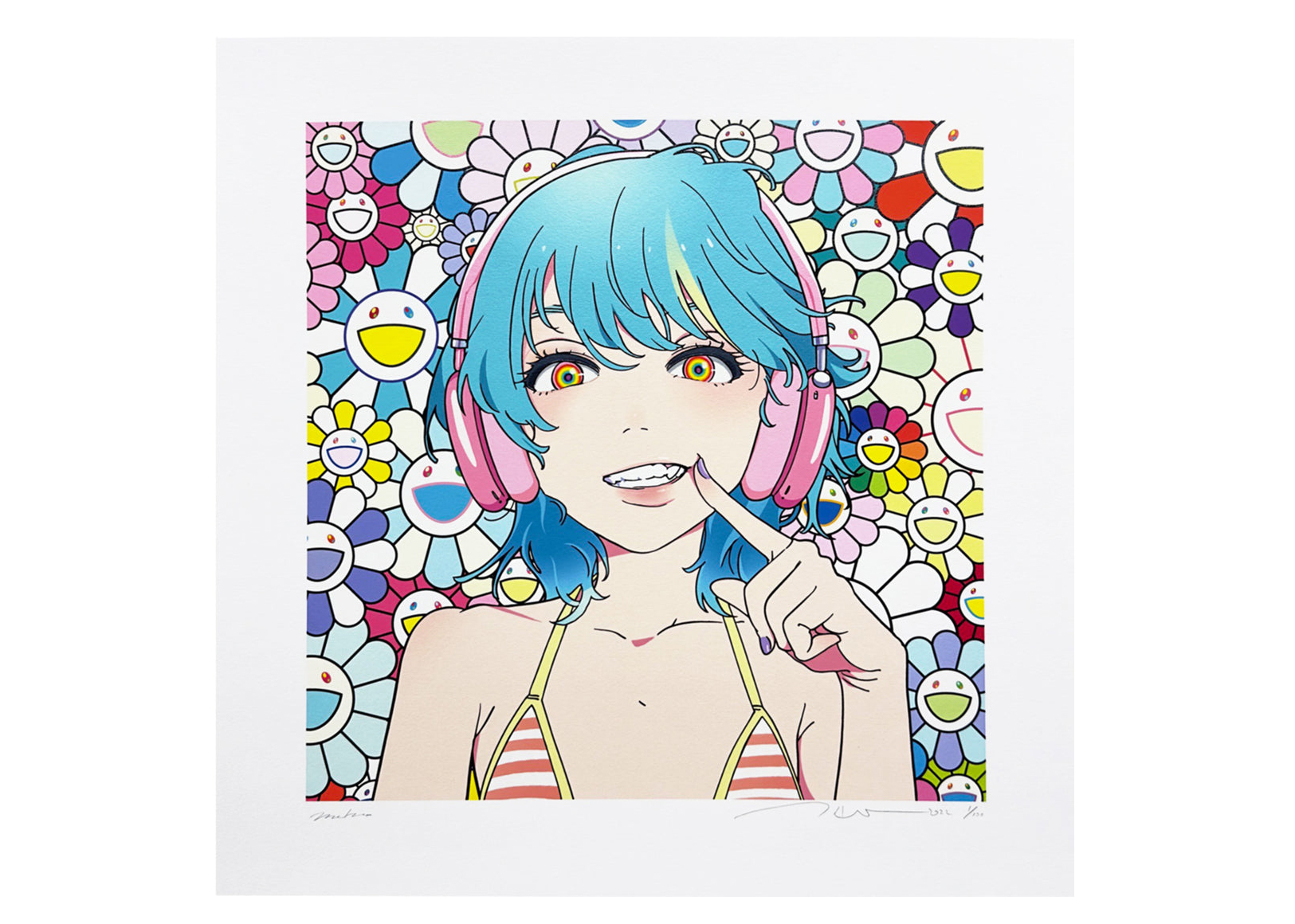Takashi Murakami x mebae Smile_02 w M.F Print (Signed, Edition of 100) Blue  Hair/Pink Headphones