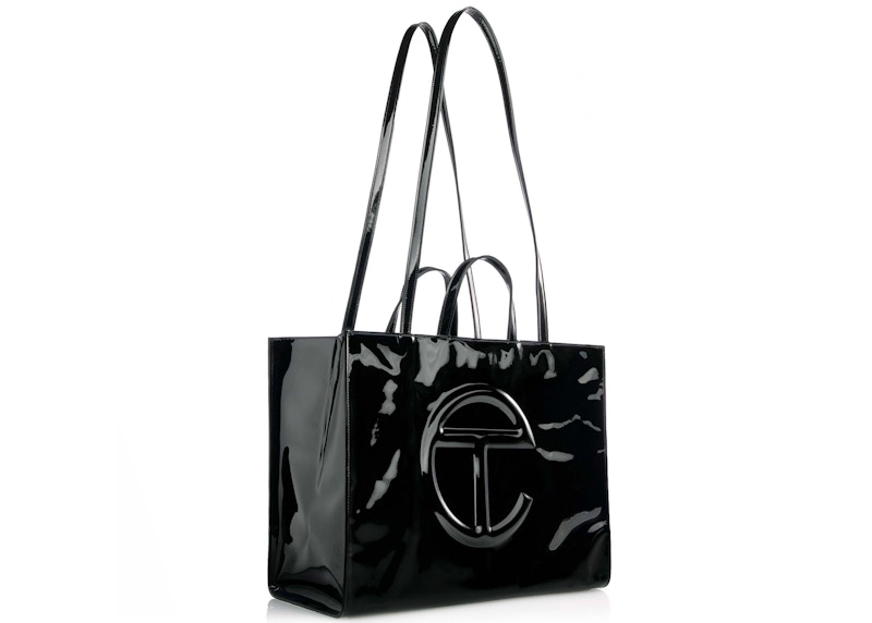 Telfar Large Patent Shopping Bag Black in Faux Leather with Silvertone