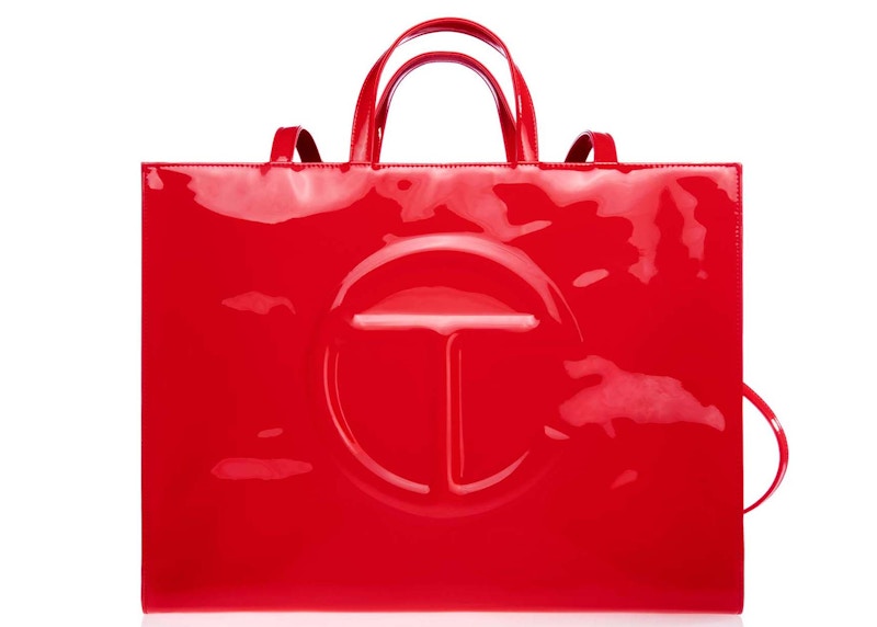 Telfar Large Patent Shopping Bag Red in Faux Leather with Silver