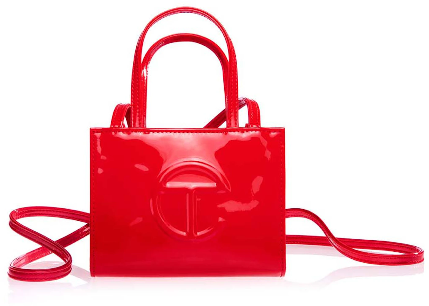 Telfar Large Patent Shopping Bag Red in Faux Leather with Silver