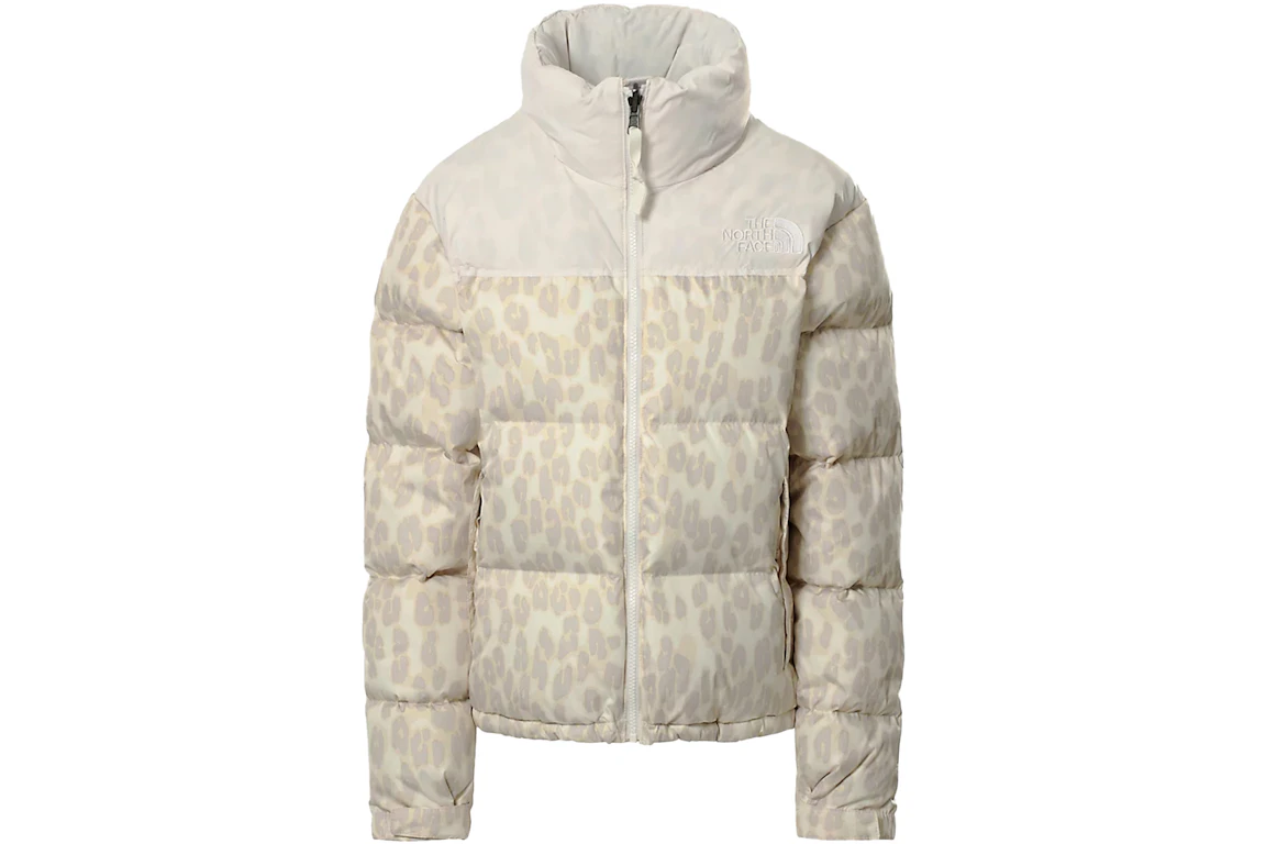 The North Face Womens 1996 Printed Retro Nuptse 700 Fill Packable Jacket Silver Grey Leopard Print-Gardenia White