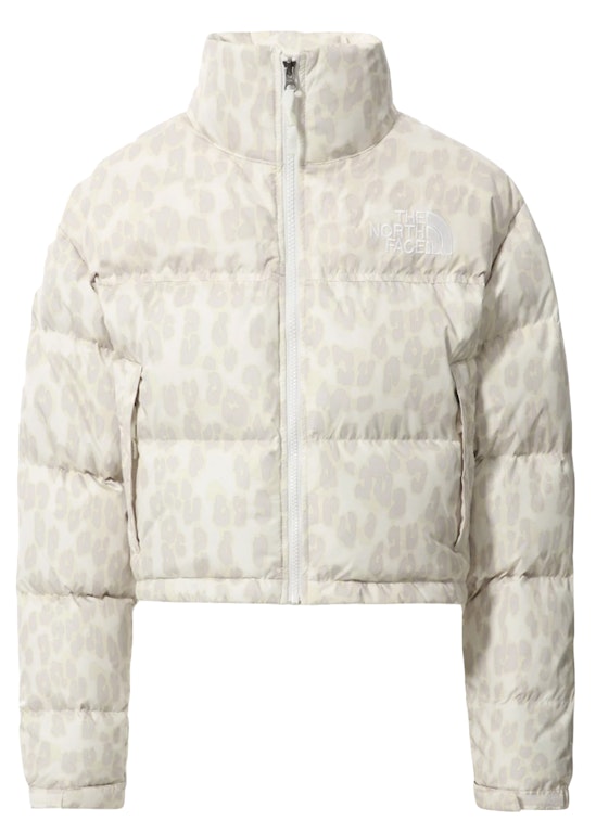 Pre-owned The North Face Womens Printed Nuptse 700 Fill Short Jacket Silver Grey Leopard Print