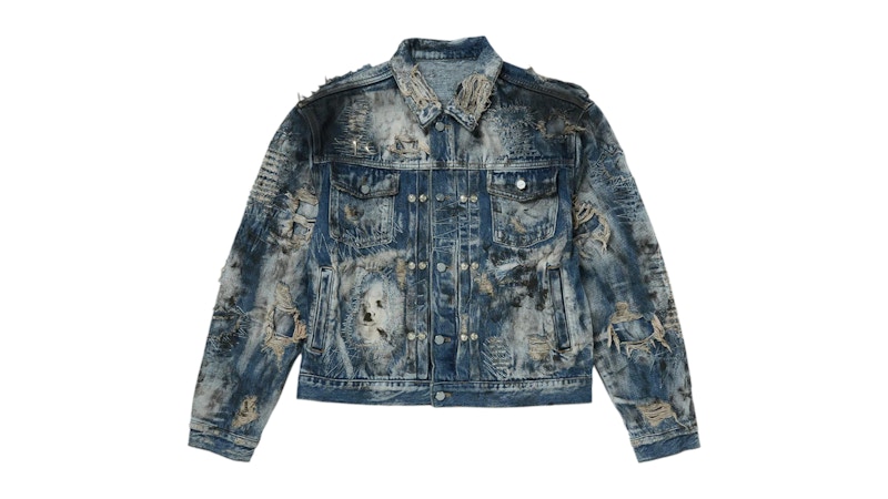 Thug Club Hard-Washed Damaged Denim Jacket Blue