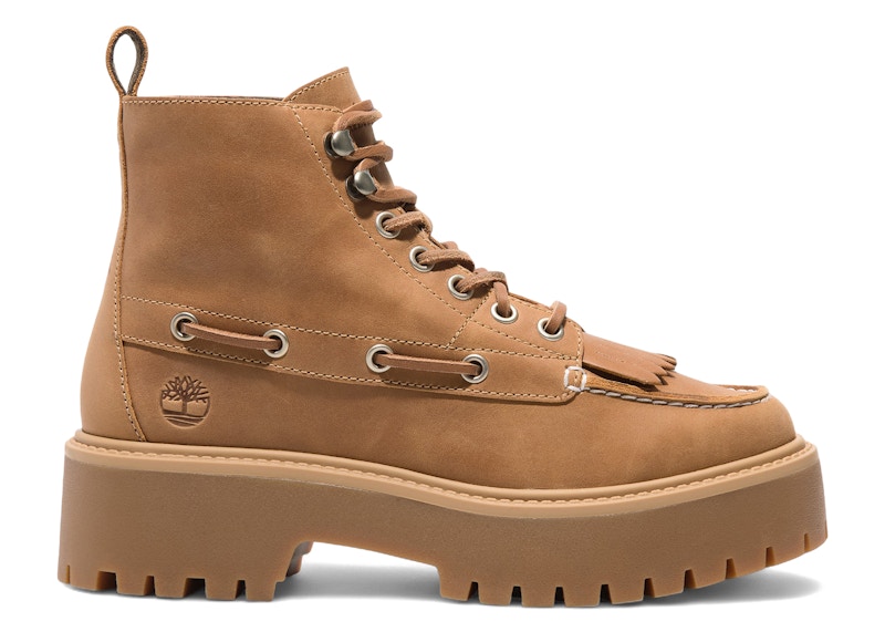 Pre-owned Timberland Stone Street Mid 7eye Platform Kiltie Boot Fullgrain (women's) Sneakers In Wheat In Sand
