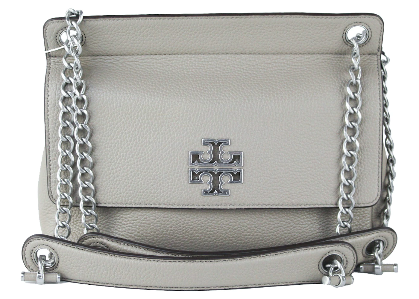 Tory Burch Britten Flap Shoulder Bag Medium Britten Gray in Pebbled Leather  with Silver-tone - GB