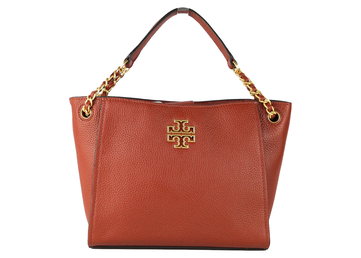 Tory Burch Britten Tote Bag Mini Red in Pebbled Leather with Gold-tone - US