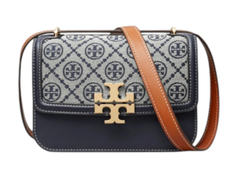 Pre-owned Tory Burch Women's Eleanor T Monogram Small Convertible Shoulder Bag In Tory Navy Blue