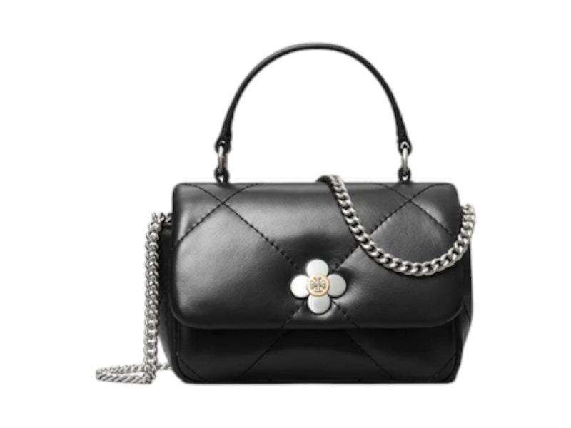 Pre-owned Tory Burch Women's  Kira Clover Diamond Quilt Micro Top Handle Chain Wallet In Black