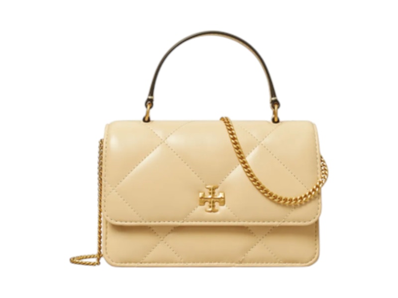 Pre-owned Tory Burch Women's Kira Diamond Quilt Mini Top Handle Chain Wallet In Vanilla Soft Serve In White