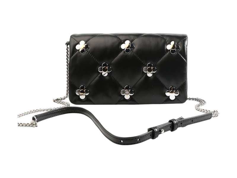 Pre-owned Tory Burch Women's Kira Clover Diamond Quilt Chain Wallet In Black