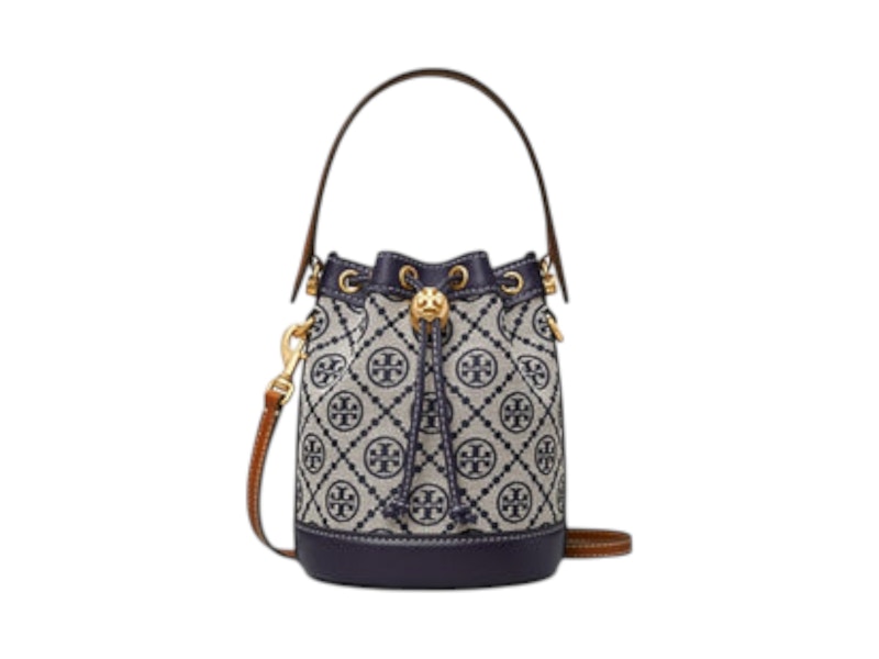 Pre-owned Tory Burch Women's  Mini T Monogram Bucket Bag In Tory Navy Blue