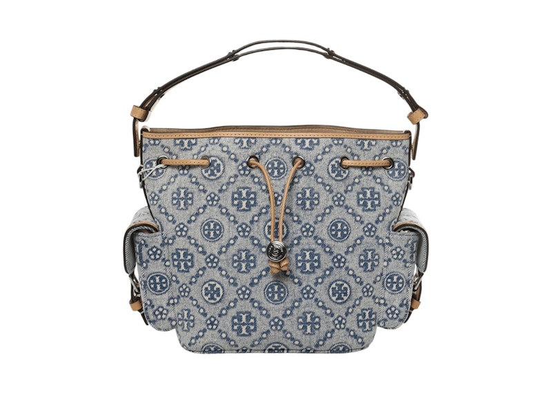 Tory Burch Pockets T Monogram Denim Bucket Bag Powder Blue