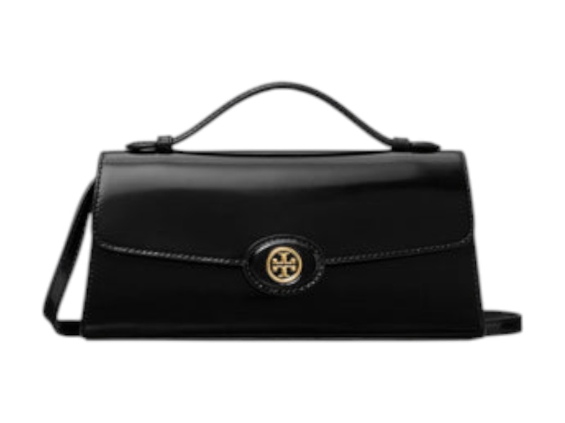 Pre-owned Tory Burch Women's Robinson Spazzolato Top Handle Chain Wallet In Black
