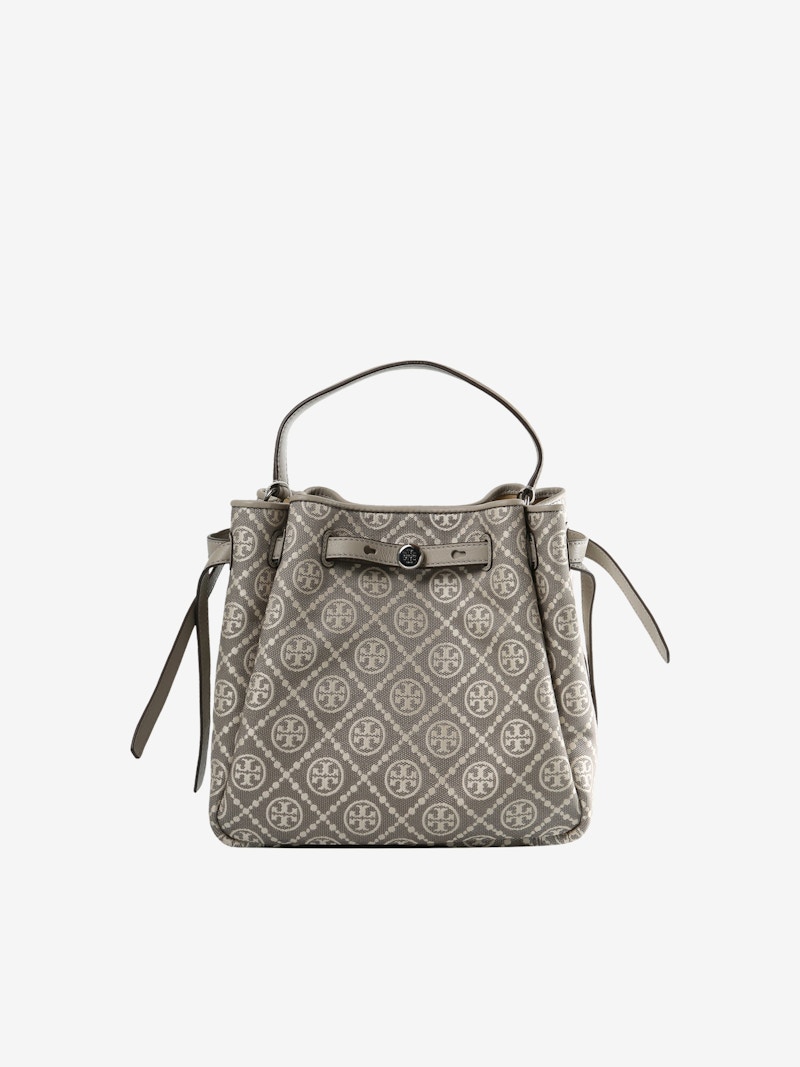 Tory Burch Romy T Monogram Bucket Bag Gray