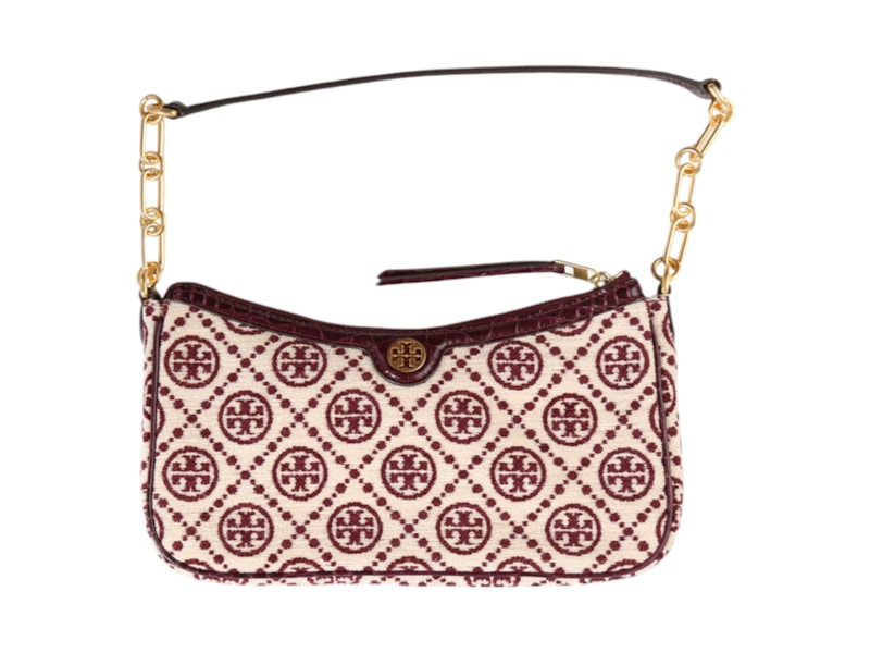 Pre-owned Tory Burch Women's T Monogram Chenille Studio Shoulder Bag In Claret/new Cream