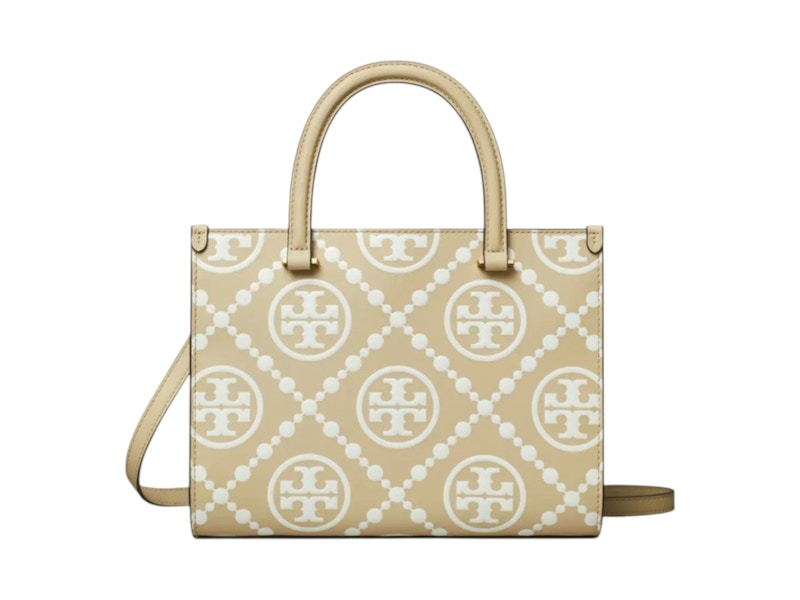 Pre-owned Tory Burch Women's T Monogram Contrast Embossed Square Tote Bag In Beige In Sand
