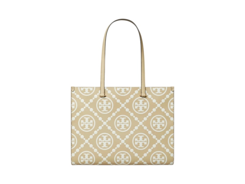 Pre-owned Tory Burch Women's T Monogram Contrast Embossed Tote Bag In Beige In Sand