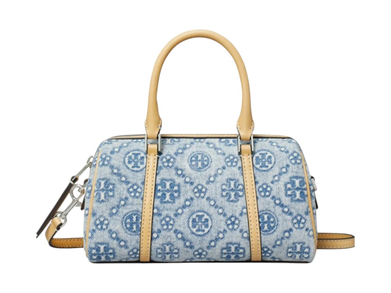 Pre-owned Tory Burch Women's T Monogram Denim Mini Barrel Bag In Powder Blue