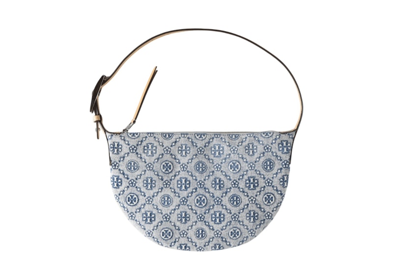 Petit sac ballon Tory Burch T Monogram en jean bleu poudré