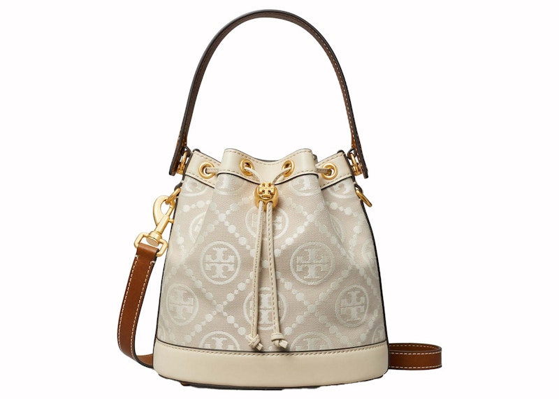 Pre-owned Tory Burch Women's  T Monogram Embossedlogo Bucket Bag In Almond White