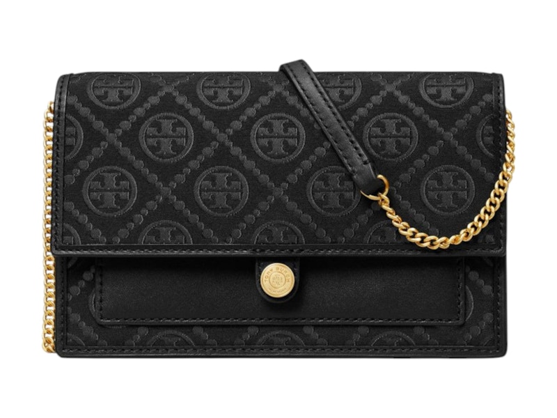 Pre-owned Tory Burch Women's T Monogram Leather Chain Wallet In Black