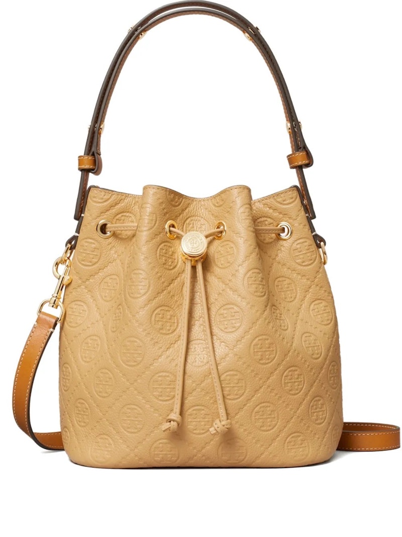Tory Burch T Monogram Pebble Bucket Bag Biscotti