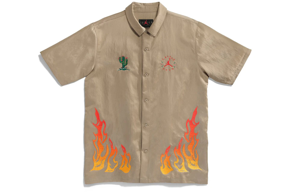 Travis Scott Cactus Jack X Jordan Button Down Shirt Khaki University Red Ss21 Travis Scott Cactus Jack X Jordan Button Down Shirt Khaki University Red Ss21