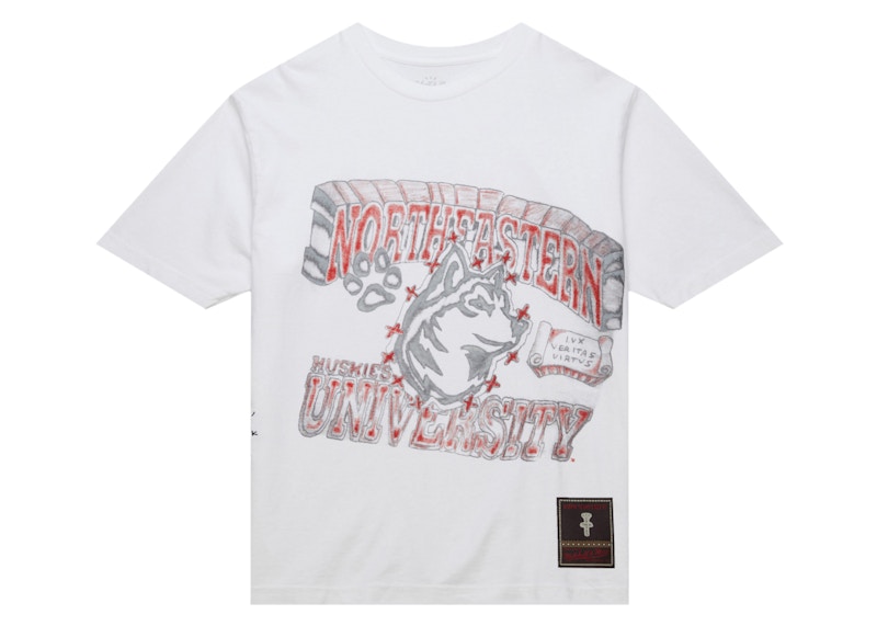 Pre-owned Travis Scott X Mitchell & Ness Northeastern Huskies Handdrawn T-shirt In White