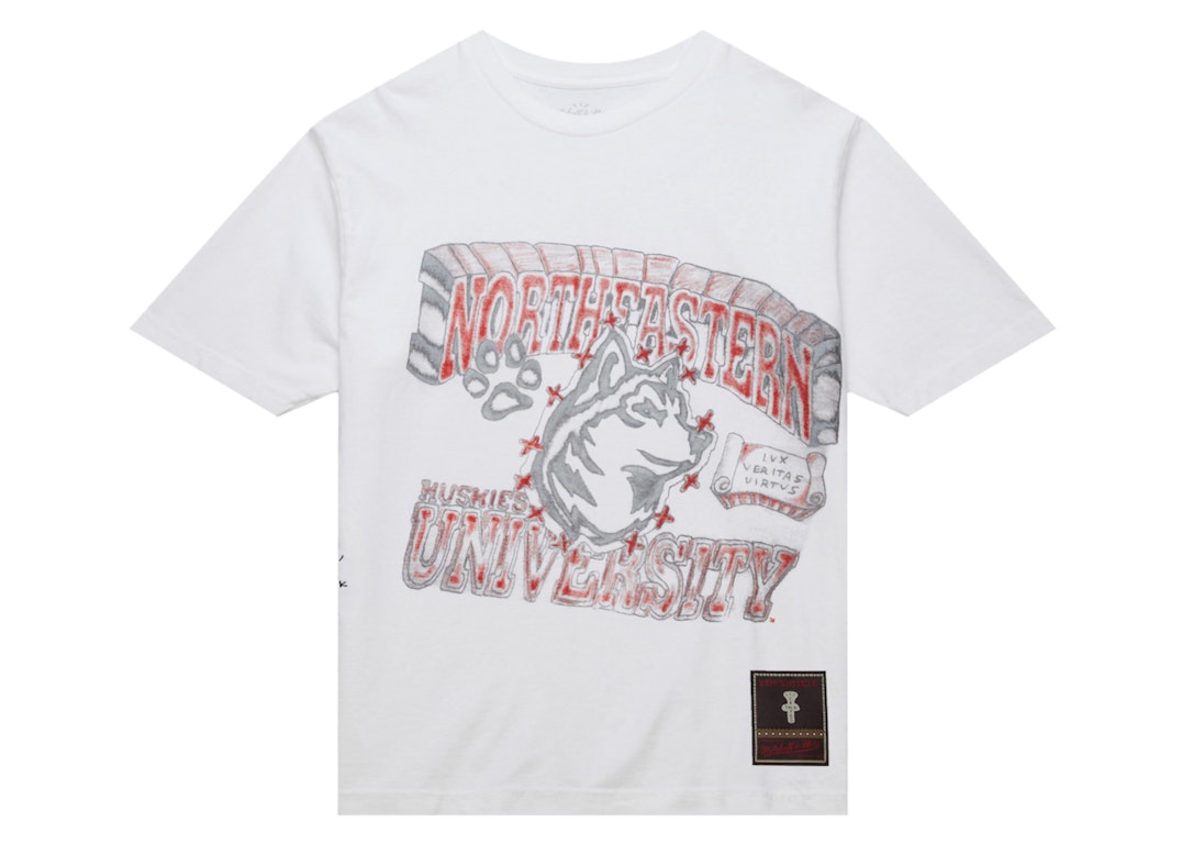 Pre-owned Travis Scott X Mitchell & Ness Northeastern Huskies Hand-drawn T-shirt White