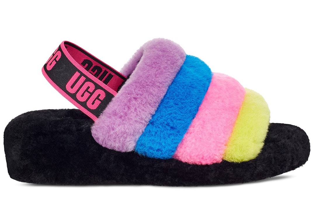 Pre-owned Ugg Fluff Yeah Slide Black Taffy Pink Multi (women's) In Black/taffy Pink Multi