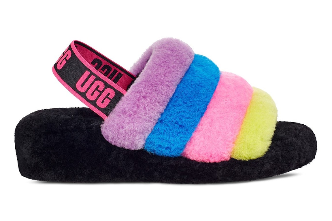 Pre-owned Ugg Fluff Yeah Slide Black Taffy Pink Multi (women's) In Black/taffy Pink Multi