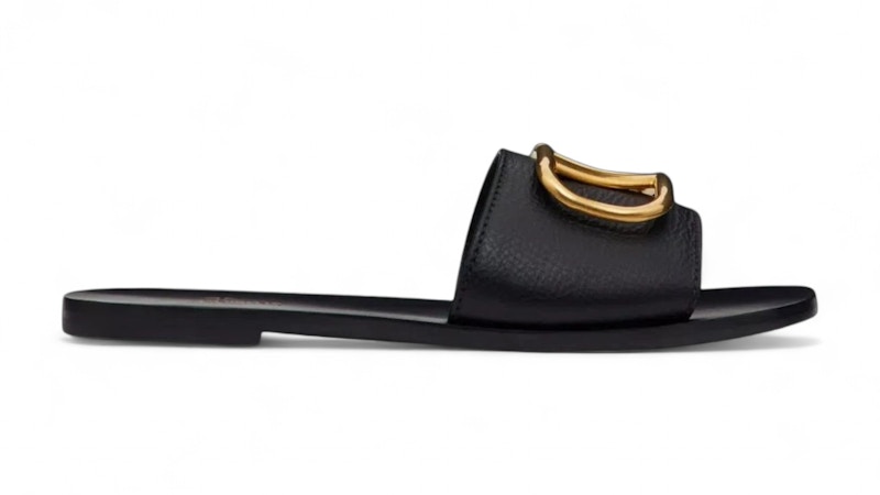 Pre-owned Valentino Garavani Calfskin Point Vlogo Signature Slide Sandal (women's) Sneakers In Black