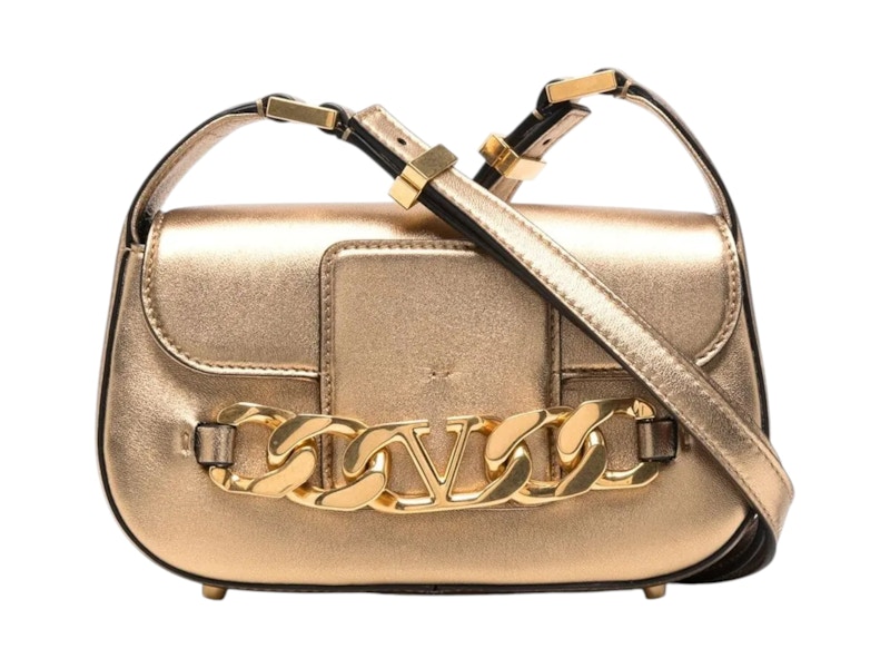 Pre-owned Valentino Garavani Women's  Vlogo Chain Leather Leather Shoulder Bag In Gold