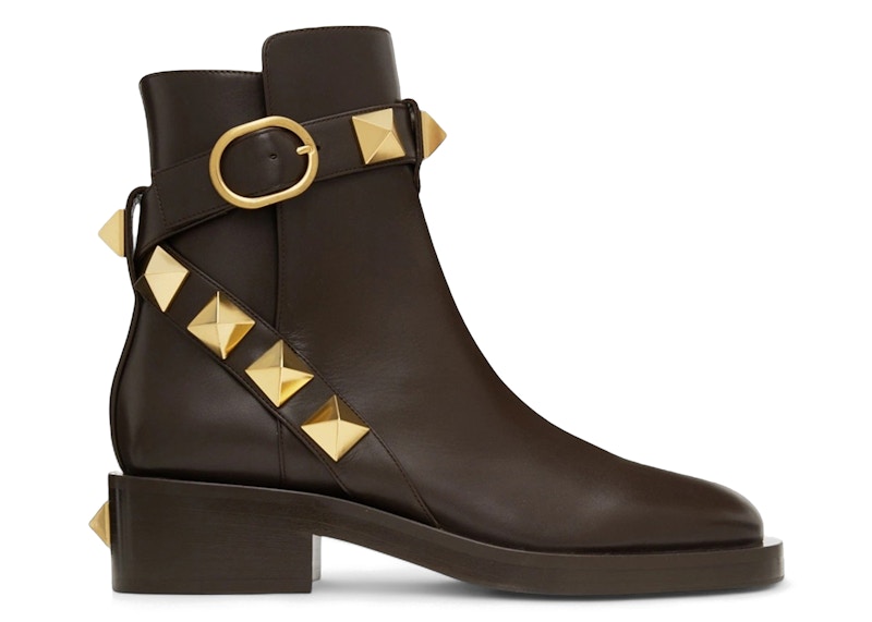 Valentino Leather Roman Stud Ankle Boots Brown (Women's