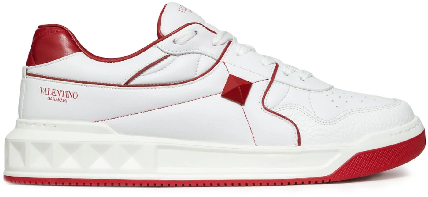 Valentino Garavani: White & Red Rockstud Untitled Sneakers