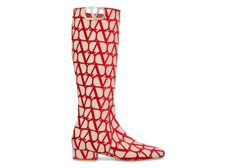 Pre-owned Valentino Garavani Toile Iconographe Calfskin V'logo High Knee High Boots (women's) Sneakers In Beige/red