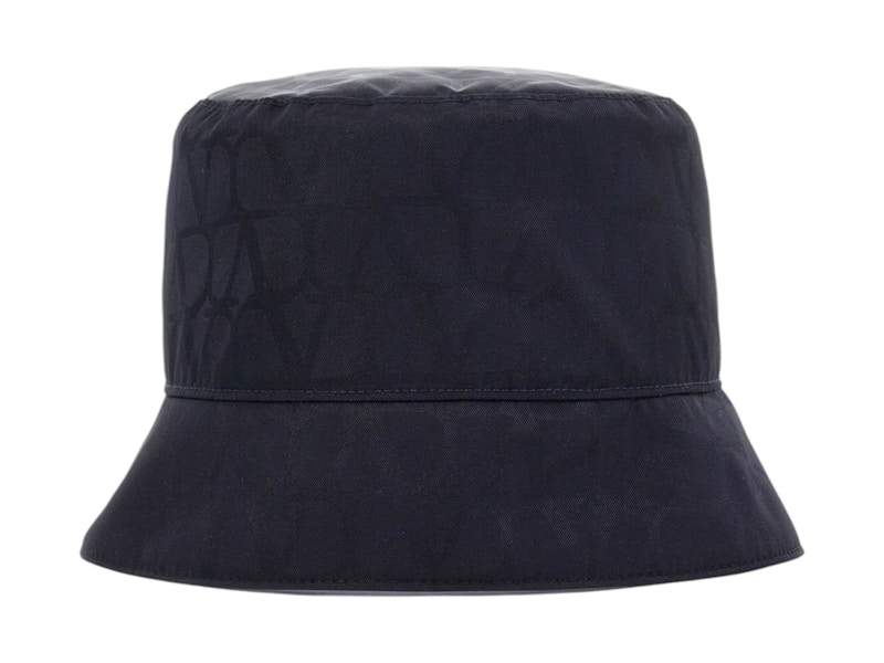 Pre-owned Valentino Garavani Toile Iconographe Reversible Bucket Hat With Pouch Pocket In Navy Blue