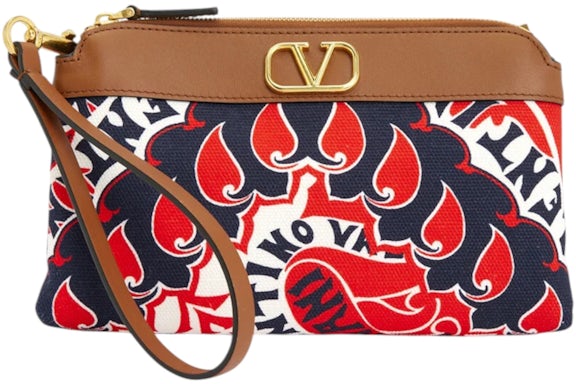 Valentino V'Logo Leather-Trimmed Canvas Pouch Brown