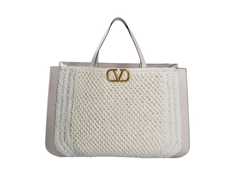 Valentino V'Logo Signature Crochet Raffia Tote Bag Grey