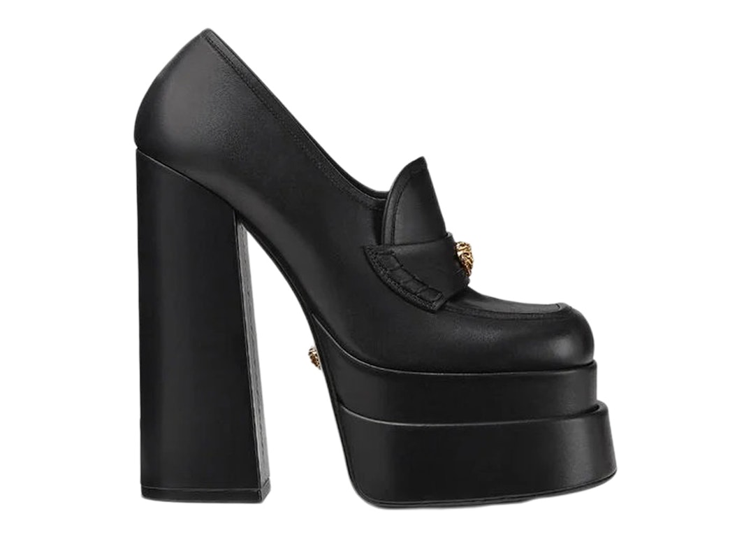 Pre-owned Versace Aevitas 155mm Platform Loafers Black Leather In Black/gold