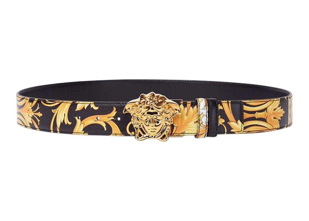 Pre-owned Versace Barocco Reversible Leather Belt Black/yellow/gold-tone