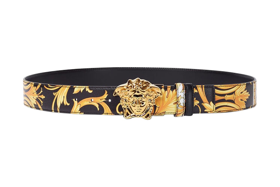 Pre-owned Versace Barocco Reversible Leather Belt Black/yellow/gold-tone