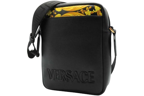 Versace Baroque Leather Print Crossbody Bag Black/Yellow in