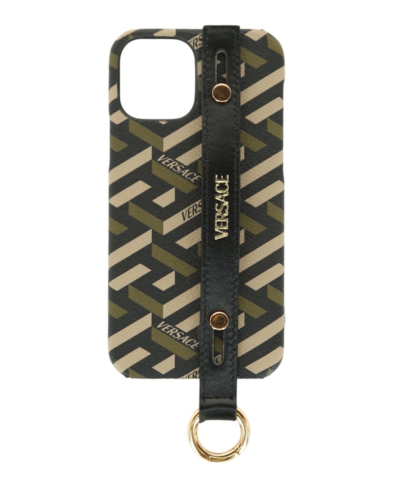 Pre-owned Versace Men's  Coated Canvas La Greca Iphone 12 Case In Green