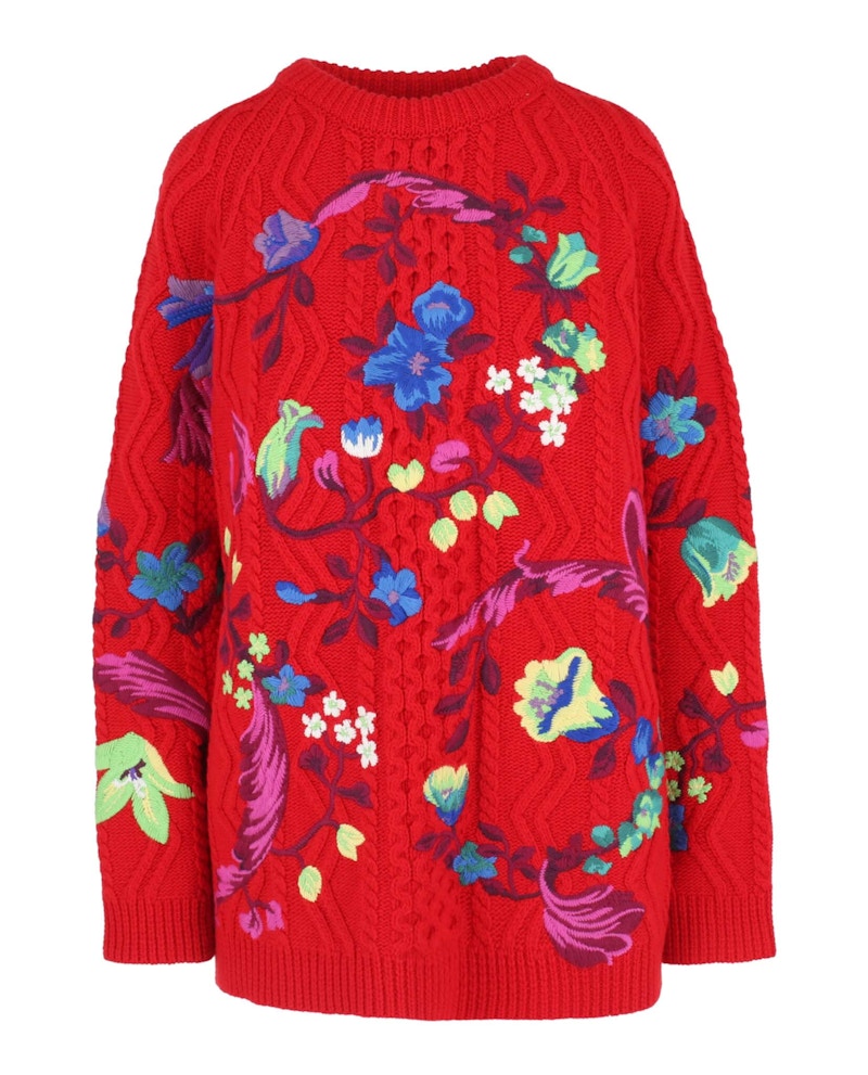 Pre-owned Versace Women's Floral Embroide Cable Knit Sweater In Red