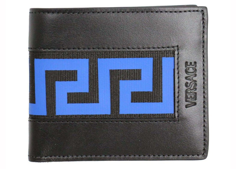 Pre-owned Versace Men's Greca Bifold Wallet In Black/blue