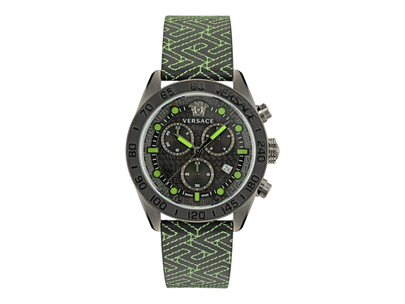 Pre-owned Versace Men's Greca Dome Chrono Leather Ve6k00223 Watch In Stainless Steel In Silver