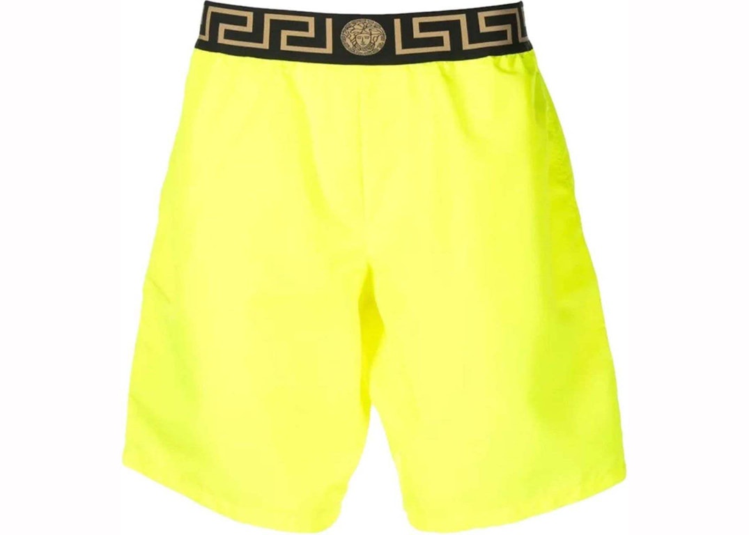 Pre-owned Versace Greca Long Swim Shorts Fluo Yellow/black