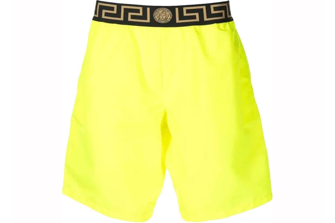 Pre-owned Versace Greca Long Swim Shorts Fluo Yellow/black